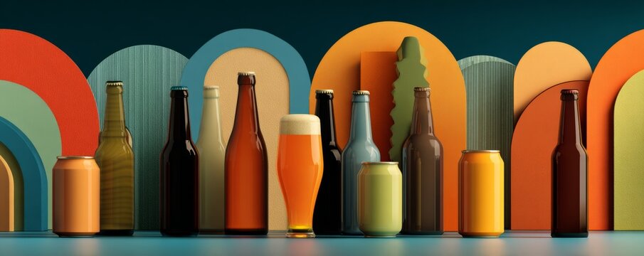 Vibrant 3D Beer Scene with Glossy Bottles and Colorful Background Elements