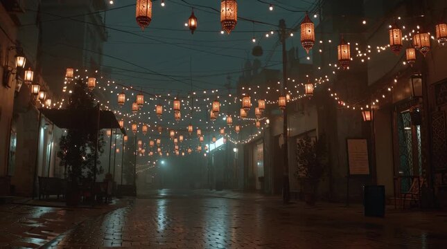 A dimly lit city street at night with rows of hanging lanterns and string lights on a wet road