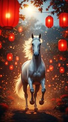 Majestic White Horse Running Through Red Lanterns at Night, Chinese New Year Year of the Horse Fantasy Celebration Scene