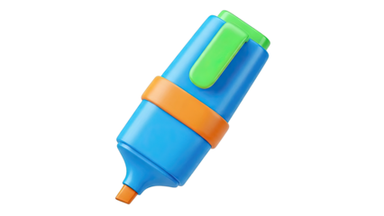 3D Rendered Blue Highlighter Pen with Orange and Green Accents