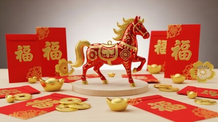 Chinese New Year Celebration Background with Red Ornamental Horse Figurine, Lucky Red Envelopes (Hongbao), Gold Ingots, and Coins on Wooden Table for 2026 Year of the Horse Festival