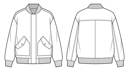 Modern Streetwear Blouson Jacket Technical Fashion Illustration. Oversized Unisex Jacket with Dropped Shoulders, Storm Flap, and Patch Pockets. Relaxed Silhouette. Front and Back Views. CAD Mockup set