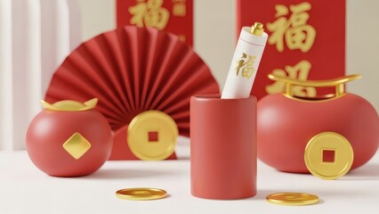Chinese New Year Red and Gold Fortune Decoration with Coins, Fan and Prosperity Symbol, 3D Render Festive Still Life