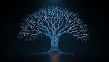 A glowing blue tree with neon branches against a dark background