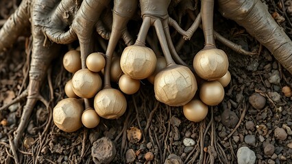 reincarnating. Root nodules attached to tree roots like pearls, close-up botanical detail in soil. gardening catalogs, home-decor guides, designed for home decor and floral branding.