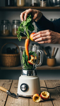Young androgynous hands loading a vintage Oster blender with produce  