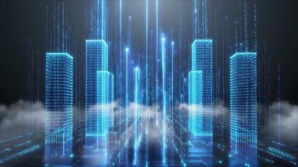 Digital cityscape with glowing skyscrapers and flowing data streams, representing technological advancement and urban connectivity in a futuristic metropolis - Powered by Adobe