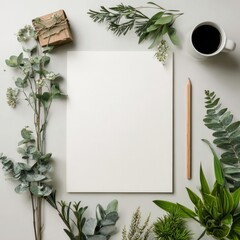 marketing document mockup with pencil and foliage