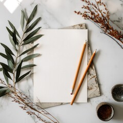 marketing document mockup with pencil and foliage