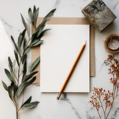 marketing document mockup with pencil and foliage