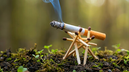 A burning cigarette balanced precariously upon a structure of wooden matches resting on damp, dark earth symbolizes environmental hazard and addiction risk.