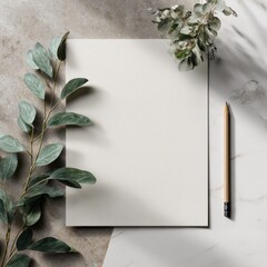 marketing document mockup with pencil and foliage