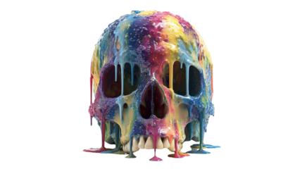 Skull covered in multi-colored paint dripping down, a vibrant abstract representation of life and death, transparent background