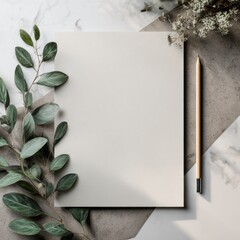 marketing document mockup with pencil and foliage