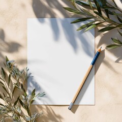 marketing document mockup with pencil and foliage