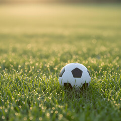 Soccer ball on lush green grass field with dew drops