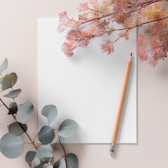 marketing document mockup with pencil and foliage