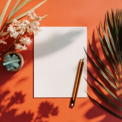marketing document mockup with pencil and foliage