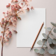 marketing document mockup with pencil and foliage