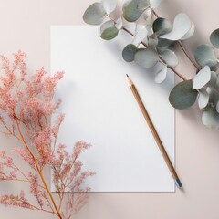 marketing document mockup with pencil and foliage
