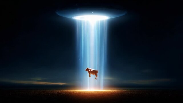 A Mysterious Abduction: An Otherworldly Encounter with a Cow Under an Alien UFO's Beam of Light, Capturing the Essence of Extraterrestrial Fascination and Wonder