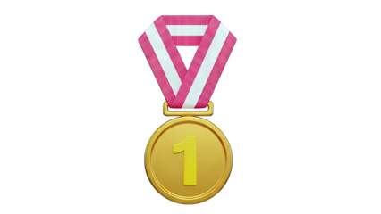 Gold medal with pink and white ribbon, number 1