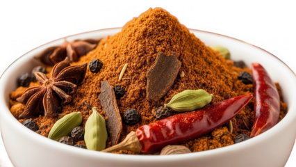 Aromatic spice blend in a bowl with whole spices isolated on transparent background