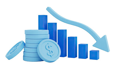 3D Illustration of Declining Financial Graph with Coins