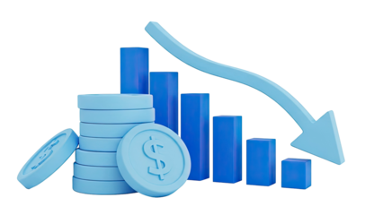 3D Illustration of Declining Financial Graph with Coins