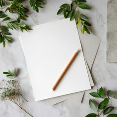 letterhead paper on desk with pencil and greenery layout