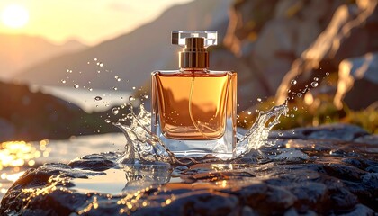A perfume bottle rests on a rock amidst water splashing. The backdrop features a sunlit lake and mountains at sunset