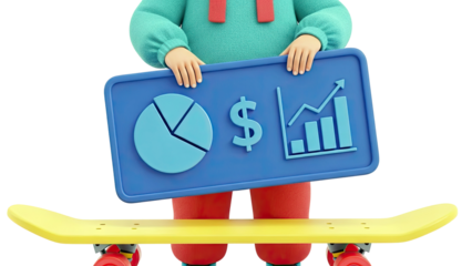 3D Character with Financial Charts and Skateboard