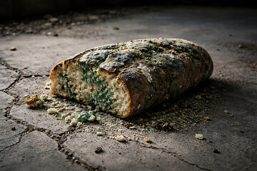Moldy bread loaf discarded on cracked concrete floor, industrial food waste concept