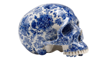 Ceramic skull with blue and white floral pattern decorating macabre art and design concept