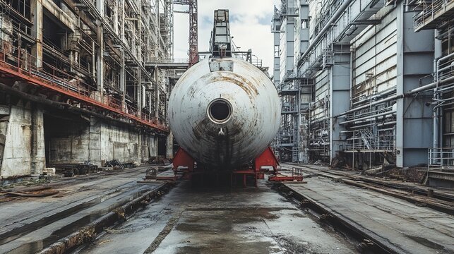hydrologic. Massive steel caisson supported by jacks in an industrial dry dock setting. safety posters, maintenance manuals, designed for precision metalworking and fabrication facilities.