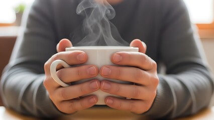 Hands cradling steaming hot white coffee cup for a cozy morning moment