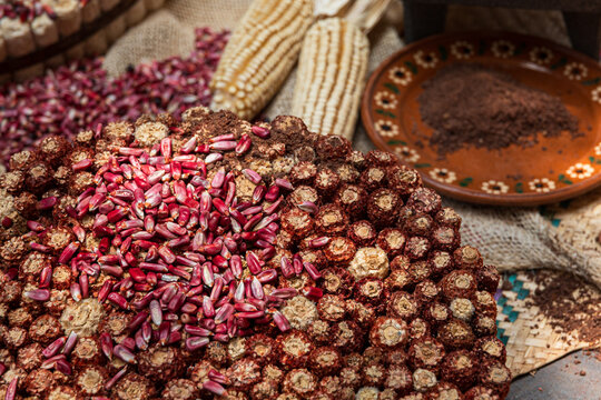 Red corn displayed on natural burlap
