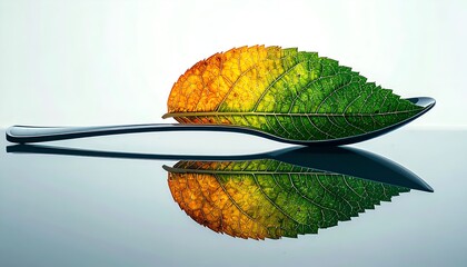 crisp close-up of summer sunlight and leaves reflected on a metal teaspoon