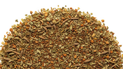 A pile of finely ground herbs and spices with visible cumin seeds isolated on transparent background