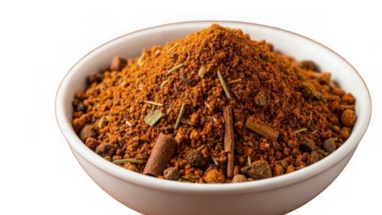 A flavorful blend of spices and herbs in a white bowl isolated on transparent background