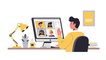 modern flat vector illustration of a man working from home and participating in a video conference call
