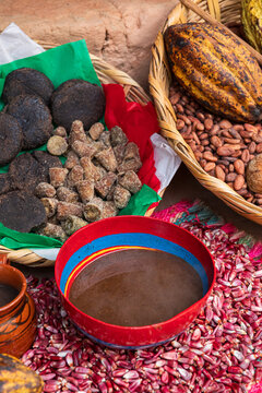 Traditional Mexican atole and cacao displays