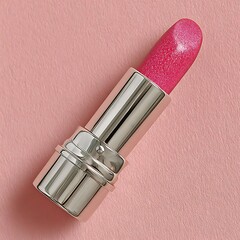 Shimmering Pink Lipstick in a Silver Case on Pink Background makeup beauty