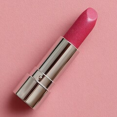 Shiny Pink Lipstick in Silver Casing on Pink Background makeup cosmetic