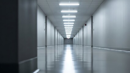 Long empty corridor with fluorescent lights and shiny floor in modern office building