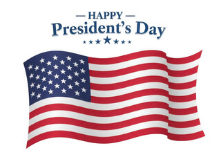 Fototapeta premium Happy President's Day greeting card with a waving American flag illustration. The United States national flag features red and white stripes with a blue canton containing white stars
