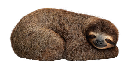 Sloth resting and sleeping soundly, curled up with closed eyes and a gentle smile, showing peace and relaxation