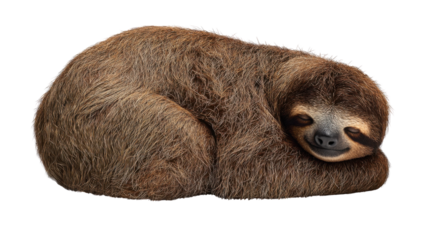 Sloth resting and sleeping soundly, curled up with closed eyes and a gentle smile, showing peace and relaxation