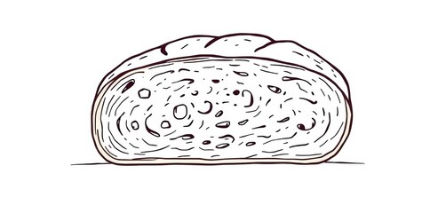 Simple line drawing of a loaf of bread, showcasing texture and detail,  black and white,  roll
