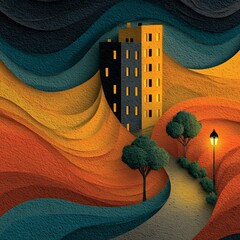 Stylized City Buildings on Wavy Landscape with Streetlight cityscape abstract